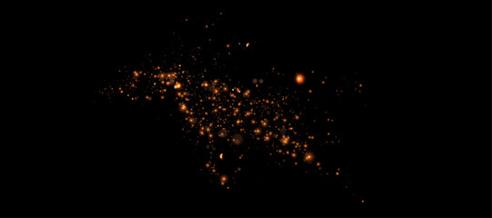 Golden glitter wave dust background. Gold bright PNG effect. A bright whirlpool of dust sparkling on the black wallpaper. Christmas or holiday card decoration