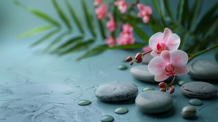 On a white background, stones, bamboo, and pink orchids can be seen