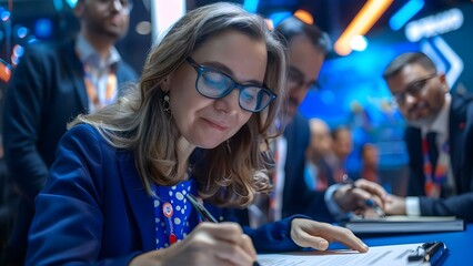 Middleaged woman in glasses reviews and signs agreement surrounded by businessmen. Concept Business Meeting, Contract Signing, Professional Woman, Middle-aged Executive, Office Environment