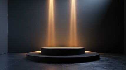 Black minimalist podium in a dark studio.
