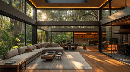 3D design. Image of interior of cozy modern living room with massive skylight jungle from ceiling while furnished with modern furniture and glass walls displaying admirable outside scenery.