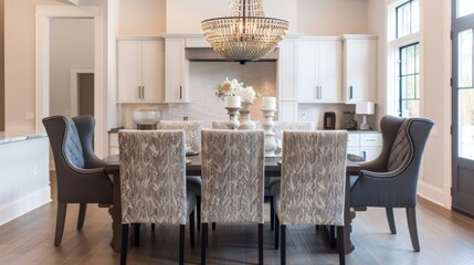 Elegant Dining Area with Modern Chandelier and Stylish Kitchen Backdrop