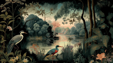 Vintage wallpaper of forest landscape with lake, plants, trees, birds. Generative AI