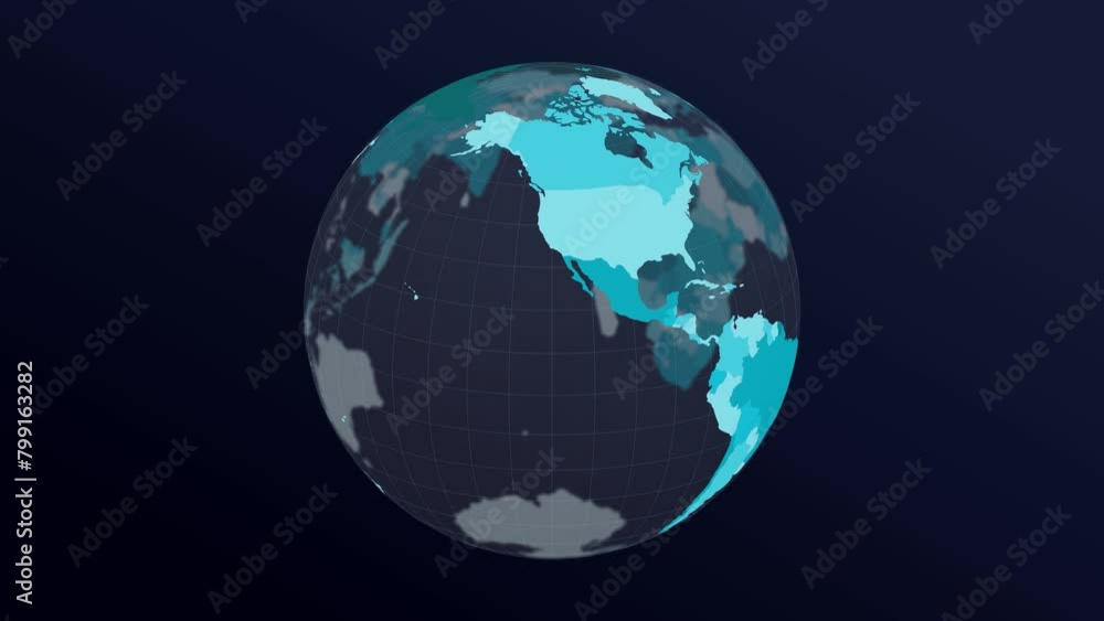 Poster the globe with world map. dark translucent earth planet in cyan colors rotating. second turn changes