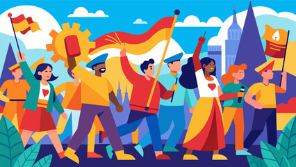 Liberation Parade A vibrant and colorful march through the streets showcasing the collective victory against tyranny and the triumph of freedom.. Vector illustration