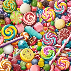 Assorted candies and lollipops in vibrant colors on transparent background