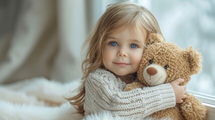 Cute baby at home in white room sitting near window. Adorable little girl holds a teddy bear.