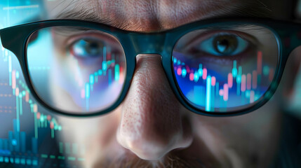 Man with glasses looking to chart pattern, financial data, technical graph, investment plan and analysis, focus on trading decision