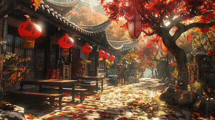 Japanese courtyard village city town in the morning. red lanterns temple shinto shrine fallen leaves trees. anime comics art style. cozy lofi asian architecture. 16:9 4k resolution. Generative Ai