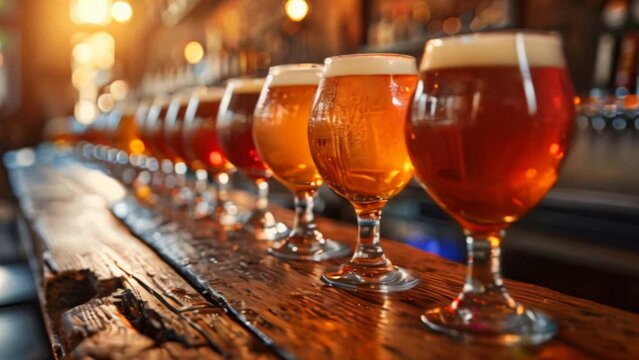 Craft beer on wooden bar. Tap beer in pint glasses arranged in a row. 