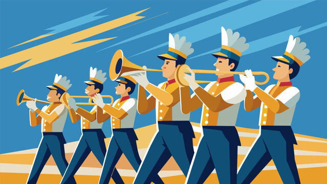 The high school marching band shiny instruments glinting in the sunlight plays a rousing rendition of the national anthem.. Vector illustration