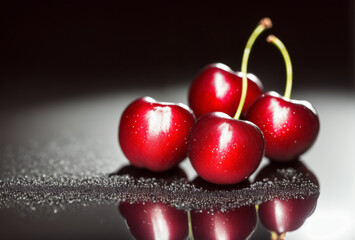 Artistic arrangement of cherries on a reflective black surface.. AI generated.