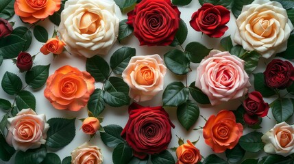 Flowers and leaves scattered on a table, overhead view wallpaper, flat lay, top view. Nice border with assorted rose heads.