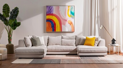 Elegant and modern living room decor with vibrant wall art and stylish furnishings