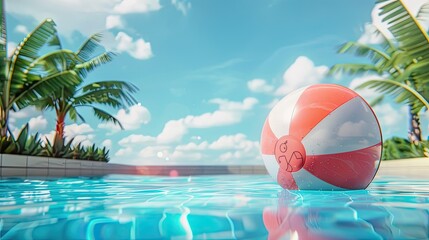 Beach ball floating on swimming pool. Summer holidays background. Travel on vacation. Family trip
