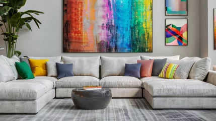  Stylish living room with colorful abstract paintings and modern sectional couch © Georgii