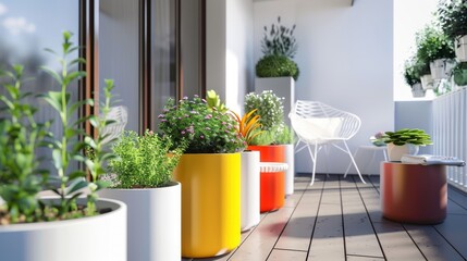 Modern apartment balcony with colorful planters and stylish outdoor furniture