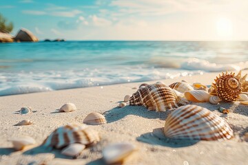 Fototapeta na wymiar Serene Seaside Beauty: Summer Vacation Background with White Sand Beach and Blue Waters