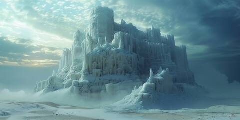 Fototapeta premium Fantasy Ice Castle Rising in the Desert Oasis Underneath a Sky of Billowing Clouds
