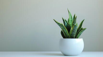 A Sansevieria plant's upward growth in a spotless white pot against a neutral background, offering a sense of calm.