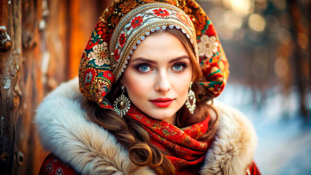 Beautiful Russian woman in headscarf on winter landscape background