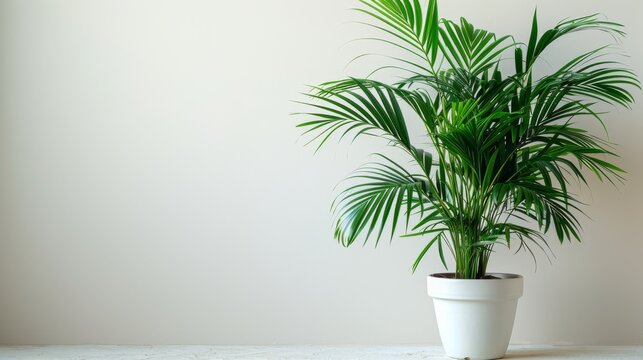 Isolated white background with grey Kentia Palm Tree in pots.