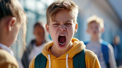 Aggressive student or middle school boy shouting screaming at his schoolmates as bullying and uncontrolled behavior concept