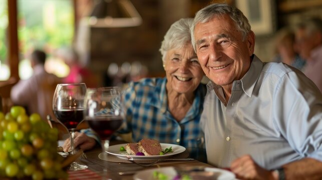 Happy senior friends having fun cheering with red wine at barbecue in terrace outdoor - Mature people making dinner toasting glasses and laughing together - Friendship and elderly lifestyle concept - Powered by Adobe