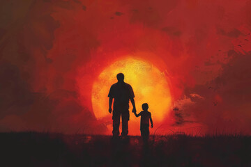 Fototapeta premium Father and Child at Sunset, Warm Silhouette Illustration