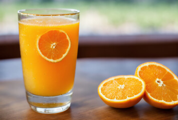 Glass of fresh orange juice with whole and halved oranges beside it. AI generated.