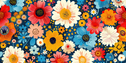 Fototapeta na wymiar Vibrant floral pattern featuring colorful white, red, orange, and yellow flowers on a beautiful blue background