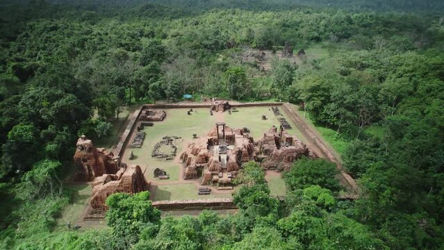 Aerial video of the historical site of the Ancient Champa Kingdom, Quang Nam Province, Vietnam