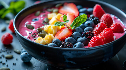 Close-up shot showcasing the vibrant textures and hues of a mixed berry smoothie bowl adorned with a variety of fresh fruits and nuts