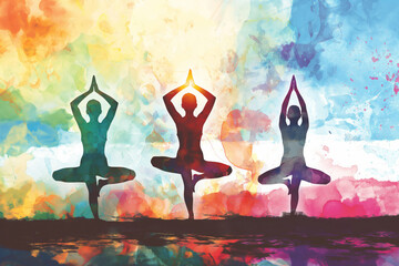 International Day of Yoga. Three individuals practicing yoga against a vibrant backdrop. Generative AI
