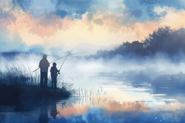Serene Lake Fishing at Dawn, Father and Son Bonding