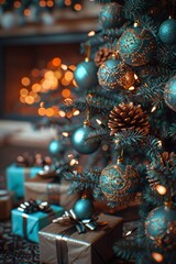 A festive Christmas setting with a tree draped in teal ornaments and surrounded by matching gift boxes