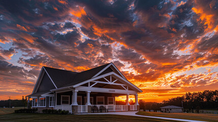High-resolution image of a dramatic sunset sky behind a new community clubhouse with a white porch and gable roof.