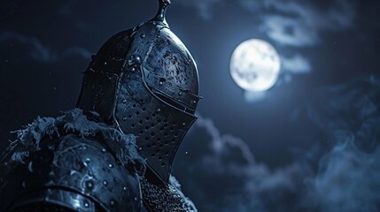 Capture the essence of valor in a closeup shot of a Crusaders helmet under the moonlight