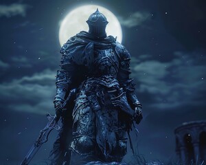 Naklejka premium Capture the frontal view of a resilient crusader standing tall in the night under the soft, moonlit glow, showcasing strength and determination in intricate detail