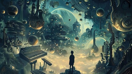 Create a surreal scene where a figure surrounded by a hundred floating musical instruments experiences a whirlwind 