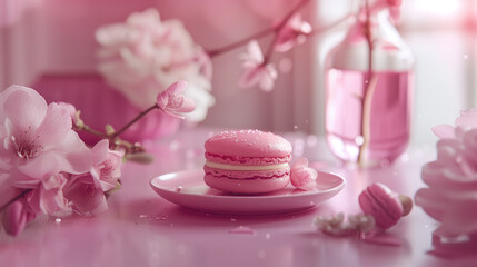 Delicately placed pink macaron in a romantic setting surrounded by soft flowers and a dreamy atmosphere