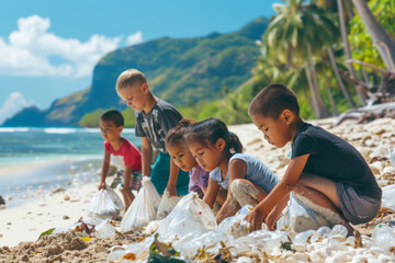 Children Cleaning Beach on World Oceans Day