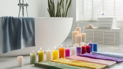 Modern spa bathroom with colorful candles and luxury towels