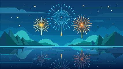 The sparkling lights of the fireworks mirrored in the crystalclear waters of the lake as the nation comes together to commemorate Independence Day.. Vector illustration