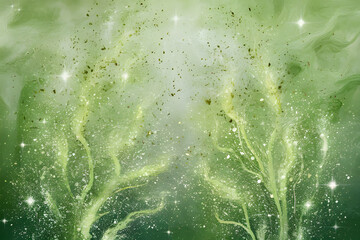 A stunning and vibrant artwork featuring a green sparkle texture background. The background appears to be a blend of soft pastel green