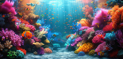 A vibrant coral reef with colorful fish and sea plants. Created with Ai