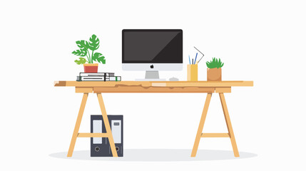 Stand-up desk with laptop and houseplant on white background
