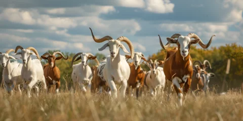 Fotobehang close up a group of boer goats with horns walking through the farm or grass field background © Muhammad