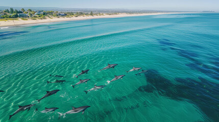 Dolphins Swimming Near Coast Aerial View