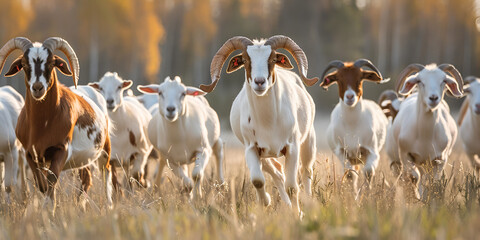 close up a group of boer goats with horns walking through the farm or grass field background